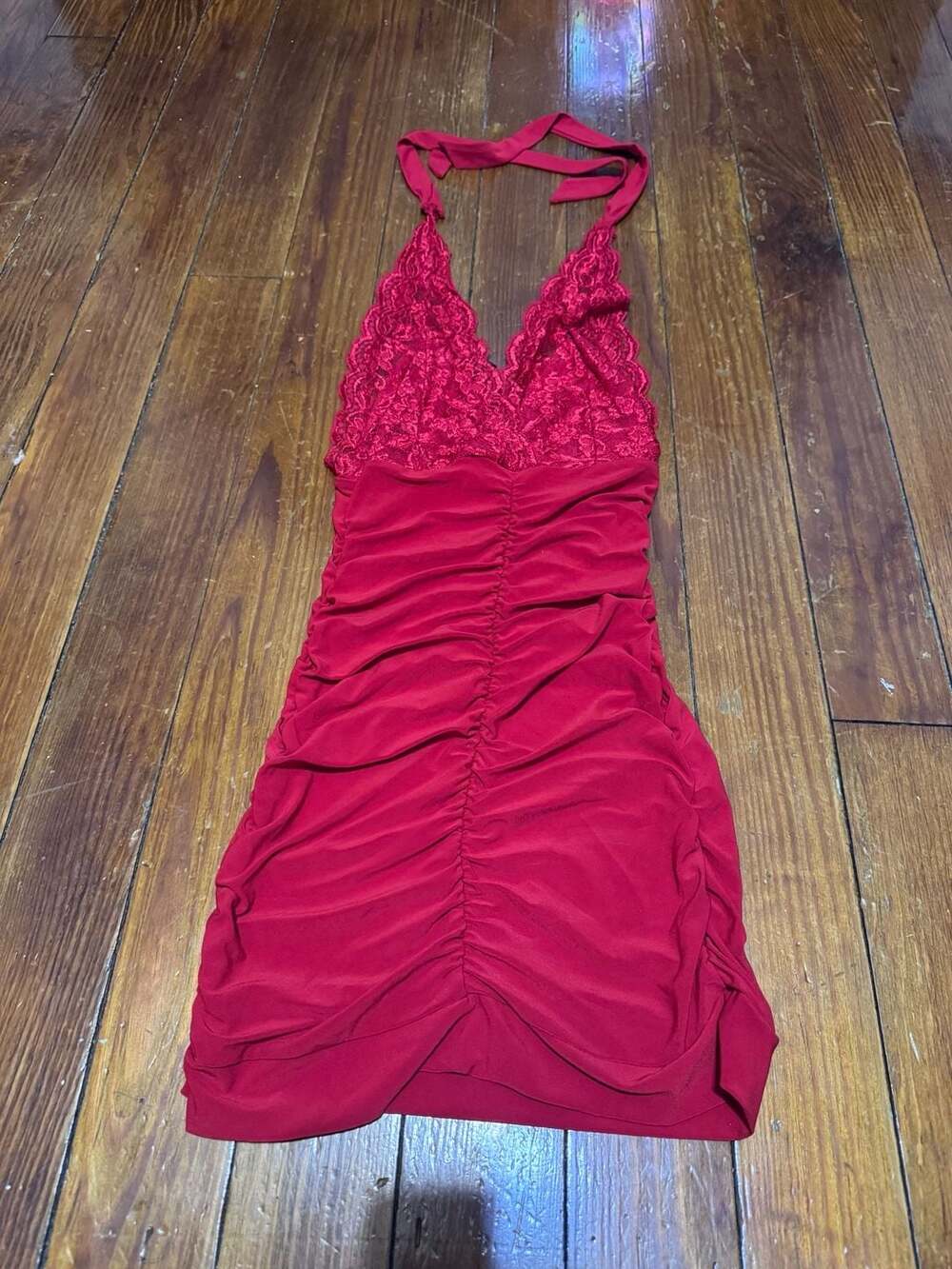 Vintage de more Y2K Red Lace Halter Ruched Mini Dress SIZE SMALL